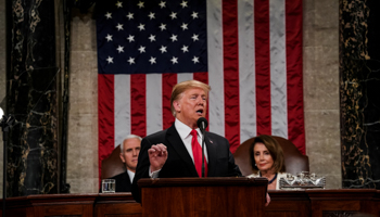 President Donald Trump delivers the State of the Union address, with Vice President Mike Pence and Speaker of the House Nancy Pelosi, at the Capitol in Washington, DC, February 5 (Reuters/Doug Mills)