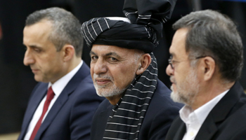 Afghan President Mohammad Ashraf Ghani with his vice-presidential candidates at his nomination for re-election in July (Reuters/Omar Sobhani)