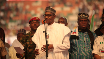 Nigerian President Muhammadu Buhari speaks a launch event for his re-election, December 2018 (Reuters/Tife Owolabi)