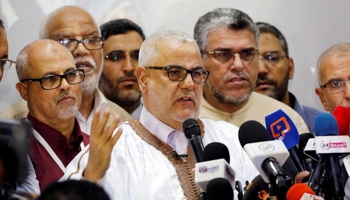 Former Prime Minister Abdelilah Benkirane (centre) surrounded by key PJD figures following the party’s historic win during the last elections in October 2016 (Reuters/Youssef Boudlal)