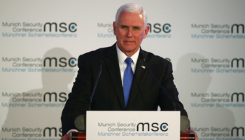 US Vice President Mike Pence speaking at the inaugural John McCain Award Ceremony at the Munich Security Conference, February 15 (Reuters/Michael Dalder)
