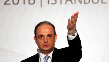 Central Bank Governor Murat Cetinkaya takes questions after the October interest-rate decision (Reuters/Murad Sezer)