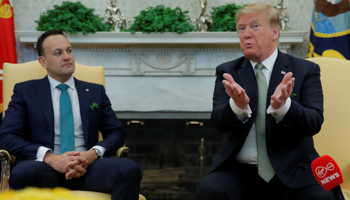 U.S. President Donald Trump speaks while meeting with Ireland's Prime Minister (Taoiseach) Leo Varadkar in the Oval Office of the White House in Washington, U.S., March 14 (Reuters/Jim Young)
