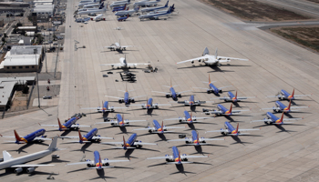 Several grounded Southwest Airlines Boeing 737 MAX 8 aircraft at Victorville Airport in Victorville, California, US, March 26 (Reuters/Mike Blake)