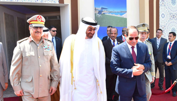 Egyptian President Abdel Fattah al-Sisi, Right, with Arab leaders Sheikh Mohammed bin Zayed, centre, Crown Prince of Abu Dhabi, and General Khalifa Haftar, left, at the opening of the Mohamed Najib military base, in Marsa Matrouh, Egypt, 2017 (Reuters)