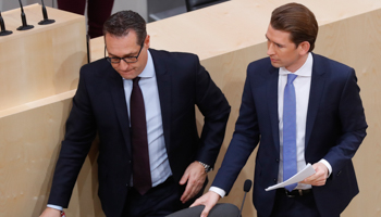 Chancellor Sebastian Kurz (R) of the People's Party (OeVP) and Vice Chancellor Heinz-Christian Strache of the Freedom Party (FPOe) arrive at the government benches during a session of the parliament in Vienna, Austria, December 20, 2017 (Reuters/Leonhard Foeger)