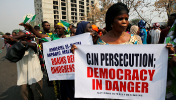 Demonstrators in Abuja in January protesting the suspension of Chief Justice Walter Onnoghen (Reuters/Afolabi Sotunde)