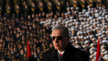 President Tayyip Erdogan flanked by officials and officers at the ceremony marking the anniversary of Ataturk's death, Ankara, November 10, 2018 (Reuters/Umit Bektas)