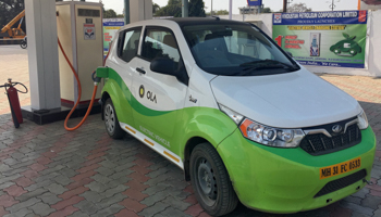 Mahindra's, e2oPlus, operated by Indian ride-hailing company Ola, at an electric vehicle charging station in Nagpur, India January 24, 2018 (Reuters/Aditi Shah)