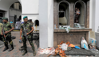 Military personnel guarding the Colombo church targeted in the Easter Day attacks (Reuters/Dinuka Liyanawatte)