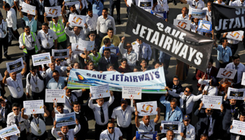 Jet Airways employees at a protest demanding the airline’s rescue (Reuters/Anushree Fadnavis)