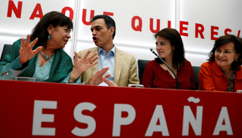 Spain's acting Prime Minister Pedro Sanchez attends a meeting with party members Cristina Narbona, Adriana Lastra and Carmen Calvo a day after Spain's general election, at PSOE headquarters in Madrid, Spain April 29, 2019 (Reuters/Juan Medina)
