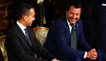 Italy's Minister of Labor and Industry Luigi Di Maio smiles next to Interior Minister Matteo Salvini at the Quirinal palace in Rome, Italy, June 1, 2018. (Reuters/Tony Gentile)