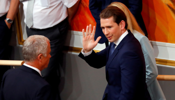 Austrian Chancellor Sebastian Kurz waves as he leaves a session of the Parliament in Vienna, Austria, May 27 (Reuters/Leonhard Foeger)