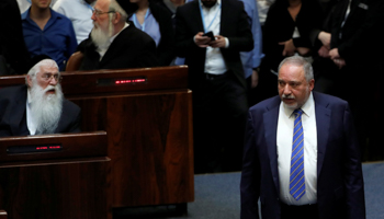 Former defence minister Avigdor Lieberman attends a Knesset session to dissolve the legislature, May 2019 (Reuters/Ronen Zvulun)