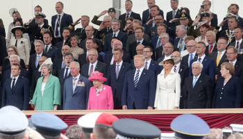 French President Emmanuel Macron, British Prime Minister Theresa May, Prince of Wales Prince Charles, Queen Elizabeth II, US President Donald Trump, US First Lady Melania Trump, Greek President Prokopis Pavlopoulos and German Chancellor Angela Merkel attend D-day 75 Commemorations event in Portsmouth, Britain, June 5 (Reuters/Chris Jackson)
