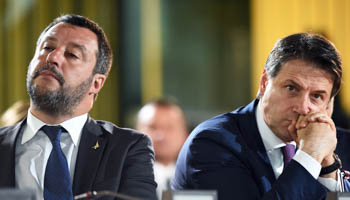 Italian Interior Minister Matteo Salvini and Italian Prime Minister Giuseppe Conte attend a commemoration ceremony, Palermo, Italy, May 23 2019 (Reuters/Guglielmo Mangiapane)