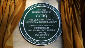 A GCHQ plaque is seen during Britain's Queen Elizabeth's visit at the Watergate House to mark the centenary of the GCHQ (Government Communications Head Quarters) in London, UK, February 14 (Reuters/Hannah McKay)
