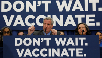 New York City Mayor Bill de Blasio speaks during a news conference declaring a public health emergency in parts of Brooklyn in response to a measles outbreak, April 9 (Reuters/Shannon Stapleton)