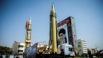 A display in Tehran features missiles and an image of Supreme Leader Ali Khamenei, September 2017 (Reuters/Nazanin Tabatabaee Yazdi)