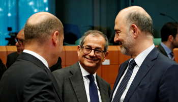 German Finance Minister Olaf Scholz, Italy's Economy Minister Giovanni Tria and European Economic and Financial Affairs Commissioner Pierre Moscovici attend a eurozone finance ministers meeting in Brussels, Belgium May 16, 2019 (Reuters/Francois Lenoir)
