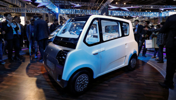 Mahindra showcases its new electric vehicle, ATOM, at the India Auto Show in Greater Noida, India February 7, 2018 (Reuters/Saumya Khandelwal)