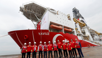 Turkish Energy Minister Fatih Donmez and officials at the departure of the drillship Yavuz from Izmit bay, June 20 (Reuters/Murad Sezer)