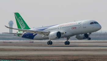 The third prototype of China's home-built passenger jet C919 during its first test flight, Shanghai, December 28, 2018 (Reuters/Stringer)