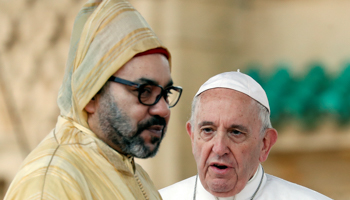 Pope Francis talks to King Mohammed VI at the Hassan Tower esplanade in Rabat, Morocco, March 30 (Reuters/Remo Casilli)