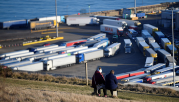 Lorries queueing to pass through border and security checks as they arrive by ferry from France at the Port of Dover, Britain, February 14 (Reuters/Toby Melville)
