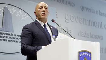 Prime Minister Ramush Haradinaj announces his resignation at a Pristina press conference, July 19 (Reuters/Laura Hasani)
