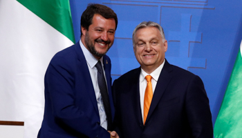 Italian Deputy Prime Minister Matteo Salvini shakes hands with Hungarian Prime Minister Viktor Orban during a joint news conference in Budapest, Hungary May 2, 2019 (Reuters/Bernadett Szabo)
