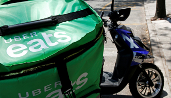 A delivery bag with the logo of Uber Eats is seen on the street in Mexico City, Mexico, May 20, 2019 (Reuters/Carlos Jasso)