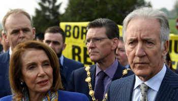 House Speaker Nancy Pelosi and U.S. Representative Richard Neal visit the border between Ireland and Northern Ireland in Bridgend, Ireland, April 18 (Reuters/Clodagh Kilcoyne)