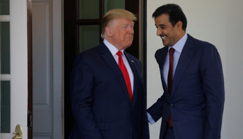 US President Donald Trump welcomes Qatari Emir Tamim bin Hamad Al Thani at the White House, US, July 9 (Reuters/Carlos Barria)