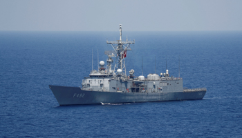 Turkish Navy frigate TCG Gemlik (F-492) escorts Turkish drilling vessel Yavuz in the eastern Mediterranean Sea off Cyprus, August 6 (Reuters/Murad Sezer)