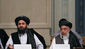 Taliban chief negotiator Mullah Abdul Ghani Baradar (L) and political affairs head Mohammad Abbas Stanikzai (Reuters/Evgenia Novozhenina)