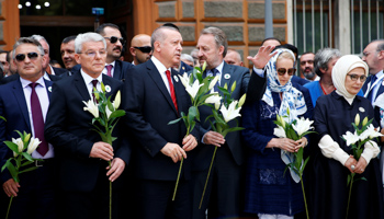 Bosnian Presidency members Zeljko Komsic and Sefik Dzaferovic (1st and 2nd left), Turkish President Recep Tayyip Erdogan and SDA Chairman Bakir Izetbegovic (centre) mark the Srebrenica genocide, Sarajevo, July 9 (Reuters/Dado Ruvic)