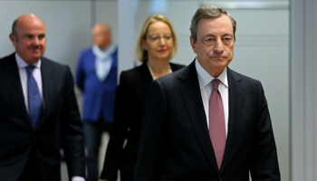 European Central Bank (ECB) President Mario Draghi arrives at a news conference on the outcome of the meeting of the Governing Council, in Frankfurt, Germany (Reuters/Ralph Orlowski)