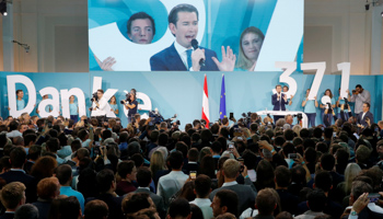 Peoples Party (OeVP) top candidate and former Chancellor Sebastian Kurz addresses supporters after Austria's snap parliamentary election in Vienna, Austria September 29 (Reuters/Leonhard Foeger)