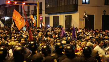 President Martin Vizcarra's supporters outside Congress last night (Reuters/Guadalupe Pardo)