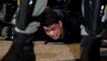 An anti-government demonstrator is detained during a protest against the invocation of the emergency laws in Hong Kong, China, October 14 (Reuters/Ammar Awad)