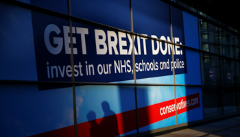 A Brexit slogan is displayed at the venue of the Conservative Party annual conference in Manchester, Britain, October 2 (Reuters/Henry Nicholls)