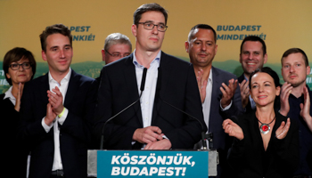 Opposition candidate Gergely Karacsony after defeating ruling party incumbent Istvan Tarlos for mayor of Budapest, October 13 (Reuters/Bernadett Szabo)