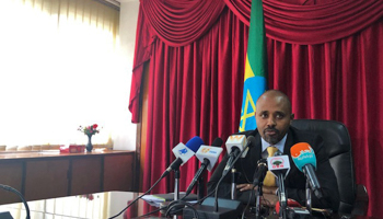 State Minister of Finance Eyob Tekalign Tolina announces the appointment of a transaction adviser in the privatisation process for Ethio Telecom, Addis Ababa, September 26 (Reuters/Giulia Paravicini)