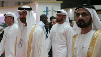 Abu Dhabi's Crown Prince Mohammed bin Zayed Al-Nahyan (2nd L) and Dubai's Ruler Sheikh Mohammed bin Rashid al-Maktoum, Prime Minister and Vice-President of the United Arab Emirates (R), February 17 (Reuters/Christopher Pike)