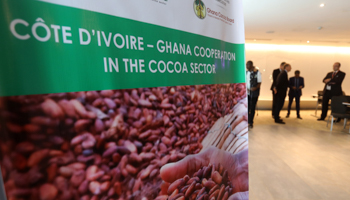 A billboard at a meeting between officials from Ivory Coast and Ghana with cocoa industry executives in Abidjan, July 3 (Reuters/Thierry Gouegnon)
