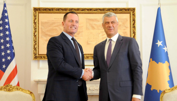 Kosovo President Hashim Thaci welcomes US special envoy Richard Grenell in Pristina, October 9 (Reuters/Laura Hasani)