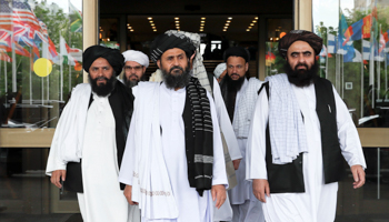 Taliban negotiators led by Mullah Abdul Ghani Baradar (centre) on a visit to Moscow (Reuters/Evgenia Novozhenina)