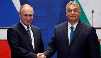 Hungarian Prime Minister Viktor Orban and Russian President Vladimir Putin following talks in Budapest, October 30 (Reuters/Bernadett Szabo)
